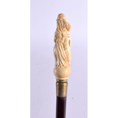 484 - A CONTEMPORARY CARVED ORIENTAL FEMALE WALKING CANE 90 cm long.