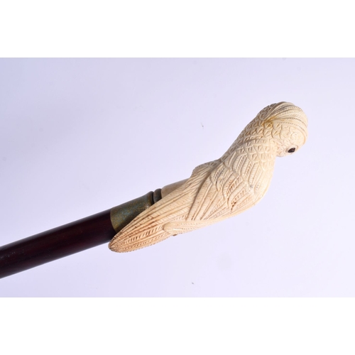 488 - A CONTEMPORARY CARVED BONE PARROT WALKING CANE 90 cm long.