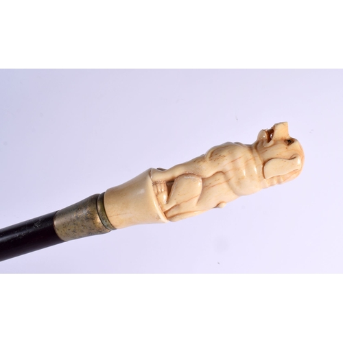 489 - A CONTEMPORARY CARVED BONE BUDDHISTIC LION WALKING CANE 90 cm long.