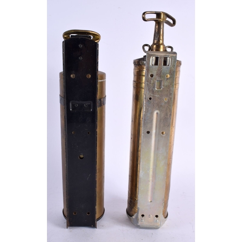 491 - TWO BRASS FIRE EXTINGUISHERS. 38 cm long. (2)