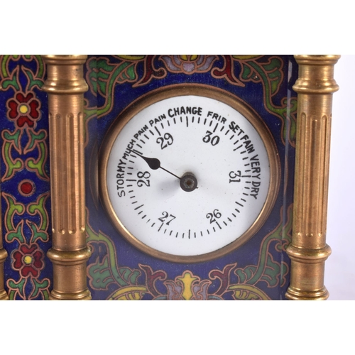 471 - A CONTEMPORARY BRASS CLOISONNE ENAMEL BAROMETER CLOCK. 14 cm x 12 cm.