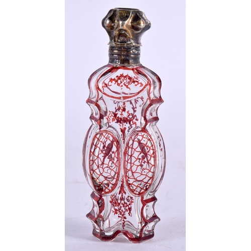 1036 - AN ANTIQUE SILVER TOPPED BOHEMIAN GLASS SCENT BOTTLE. 85 grams. 11.5 cm x 4.25 cm.