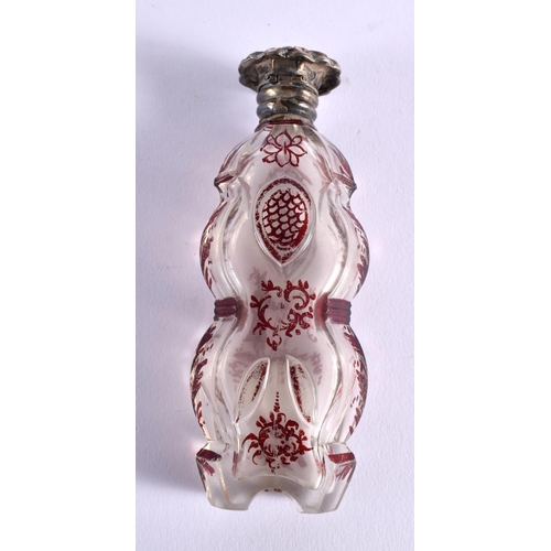 1040 - AN ANTIQUE SILVER TOPPED BOHEMIAN GLASS SCENT BOTTLE. 11.25 cm x 4.25 cm.