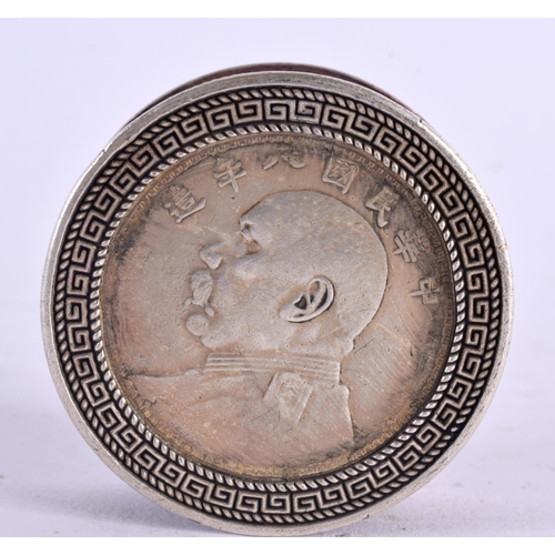 1051 - A CHINESE WHITE METAL COIN BOX. 117 grams. 5 cm wide.