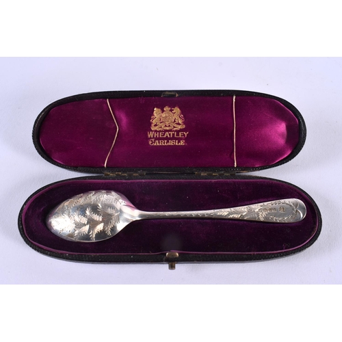 1102 - A CASED VICTORIAN SILVER SPOON. Sheffield 1885. 28.5 grams. 15 cm x 3 cm.