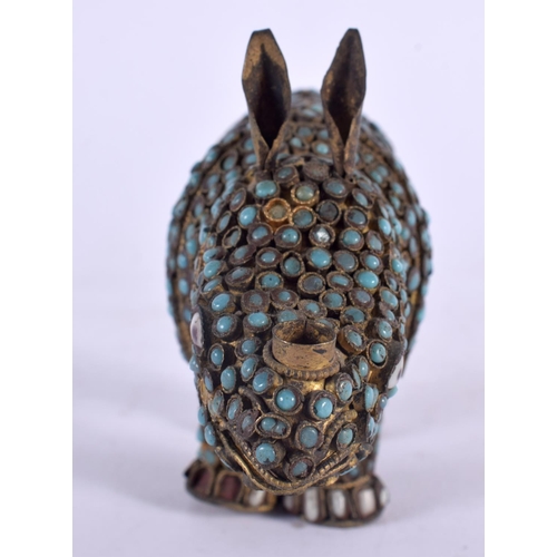 1105 - AN ANTIQUE TIBETAN TURQUOISE JEWELLED FIGURE OF A RHINOCEROS. 15 cm x 8 cm.