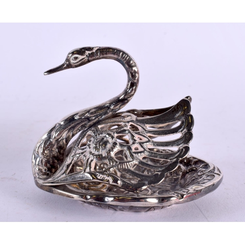 1117 - A NOVELTY SPUTNIK MINE FORM PRESERVE JAR OR CADDY together with a white metal swan. Largest 13 cm x ... 