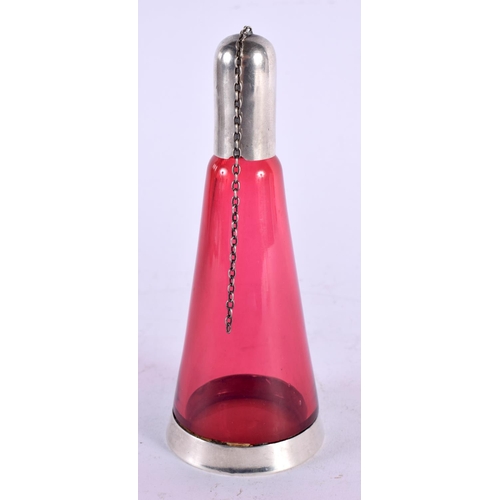 1120 - AN UNUSUAL EDWARDIAN SILVER AND CRANBERRY GLASS SCENT BOTTLE. Chester 1903. 162 grams overall. 14 cm... 