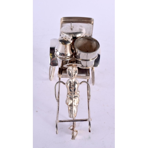 1121 - AN EARLY 20TH CENTURY CHINESE EXPORT WHITE METAL CRUET SET. 167 grams. 19 cm x 7 cm.