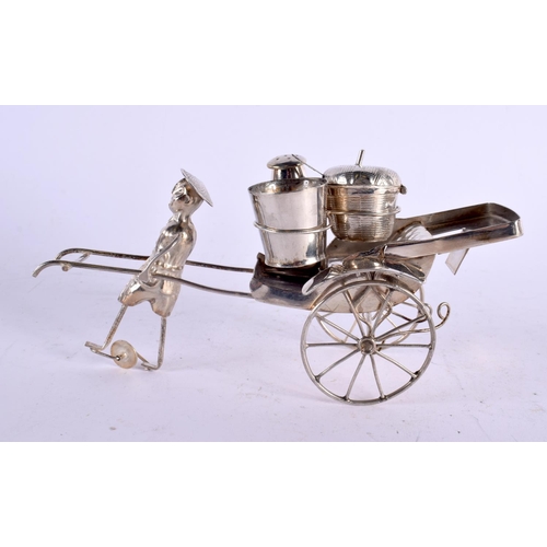 1121 - AN EARLY 20TH CENTURY CHINESE EXPORT WHITE METAL CRUET SET. 167 grams. 19 cm x 7 cm.