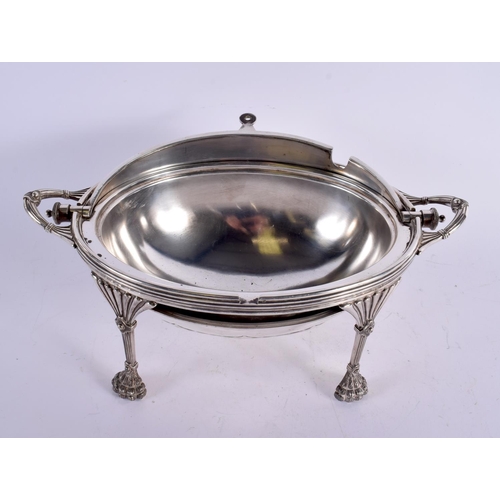 1124 - A LARGE VICTORIAN SILVER PLATED REVOLVING MEAT DISH with paw feet. 34 cm x 20 cm.