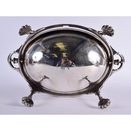 1124 - A LARGE VICTORIAN SILVER PLATED REVOLVING MEAT DISH with paw feet. 34 cm x 20 cm.