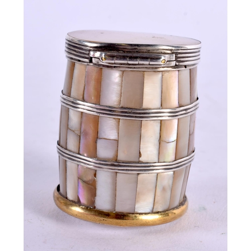 1154 - A LOVELY 19TH CENTURY SILVER MOUNTED MOTHER OF PEARL BARREL SNUFF BOX. 50 grams. 5.5 cm x 4 cm.