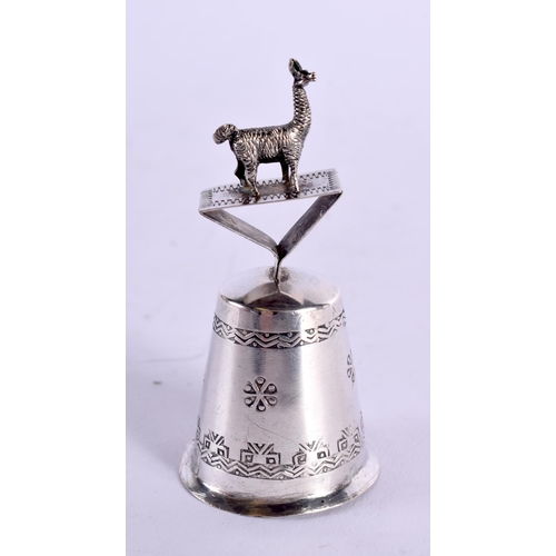 1157 - A CONTINENTAL SILVER BELL together with a silver snuff box. 34 grams. Largest 5 cm x 3 cm. (2)