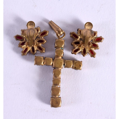 1169 - A VICTORIAN YELLOW METAL AND GARNET CRUCIFIX PENDANT with matching earrings. 8.5 grams. Largest 4 cm... 