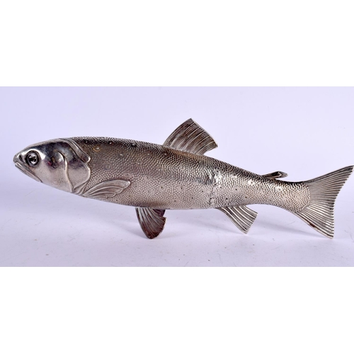 1186 - AN ANTIQUE CONTINENTAL SILVER FIGURE OF A RAINBOW TROUT. 127 grams. 28 cm x 10 cm.