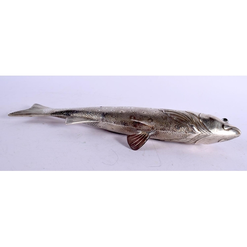 1186 - AN ANTIQUE CONTINENTAL SILVER FIGURE OF A RAINBOW TROUT. 127 grams. 28 cm x 10 cm.