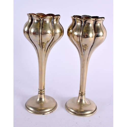 1187 - A PAIR OF ART NOUVEAU EPNS SILVER PLATED VASES of organic form. 300 grams. 19 cm high.