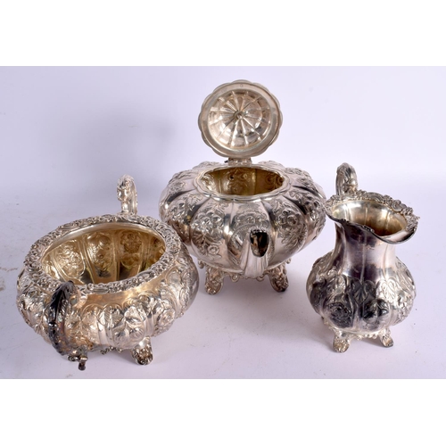 1227 - AN EARLY 19TH CENTURY IRISH THREE PIECE SILVER TEASET. 1608 grams. Largest 30 cm x 19 cm. (3)