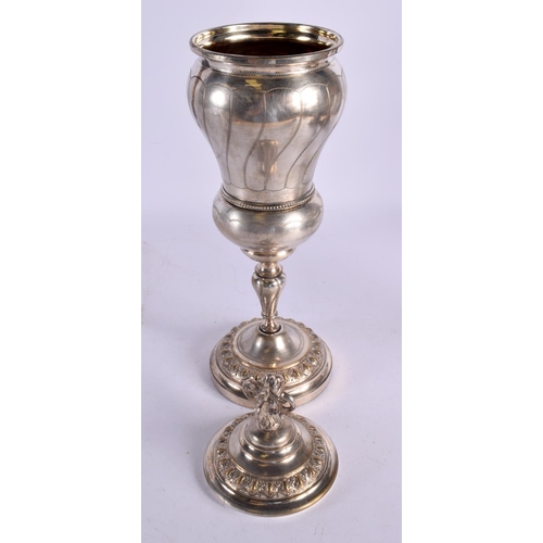 1242 - AN ANTIQUE CONTINENTAL WHITE METAL CHALICE AND COVER. 767 grams. 39 cm x 11 cm.