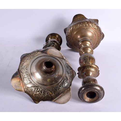 1244 - A PAIR OF ANTIQUE RUSSIAN SILVER CANDLESTICKS. 892 grams. 35 cm x 16 cm.