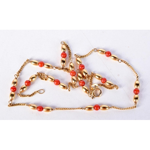 1288 - A 9CT GOLD AND CORAL NECKLACE WITH MATCHING BRACELET. total weight 9.5 grams. Bracelet 17cm long, Ne... 