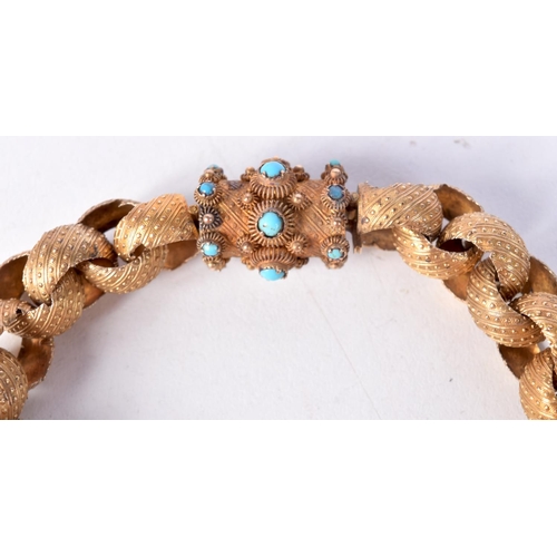 1296 - A VICTORIAN GOLD AND TURQUOISE CHAIN probably 15ct. 22 grams. 20.5 cm long.