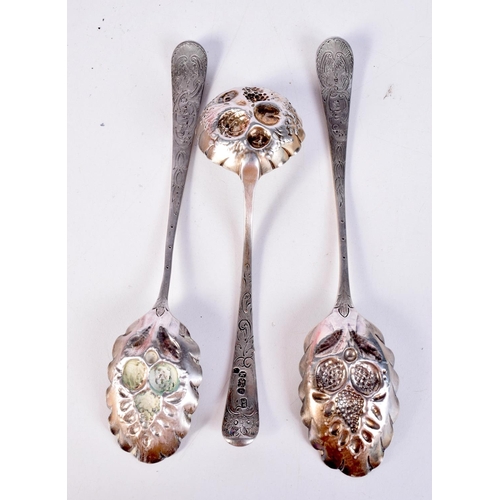 1358 - THREE ANTIQUE SILVER EMBOSSED SPOONS. London 1825. 128 grams. 20 cm x 4 cm. (3)