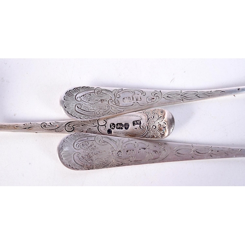 1358 - THREE ANTIQUE SILVER EMBOSSED SPOONS. London 1825. 128 grams. 20 cm x 4 cm. (3)