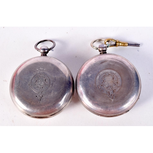 1361 - TWO VICTORIAN SILVER POCKET WATCHES. Birmingham 1883 & Chester 1896. 252 grams. 5.25 cm wide. (2)