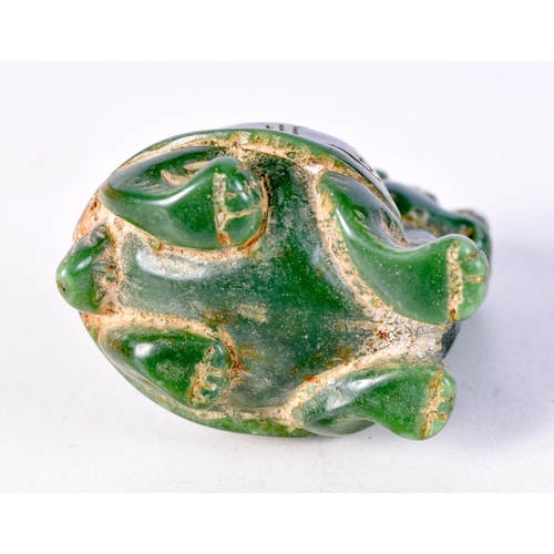 1414 - A CHINESE JADE FIGURE OF SPITTOR RIDING A DRAGON TURTLE. 6cm x 4.5cm x 3.5cm