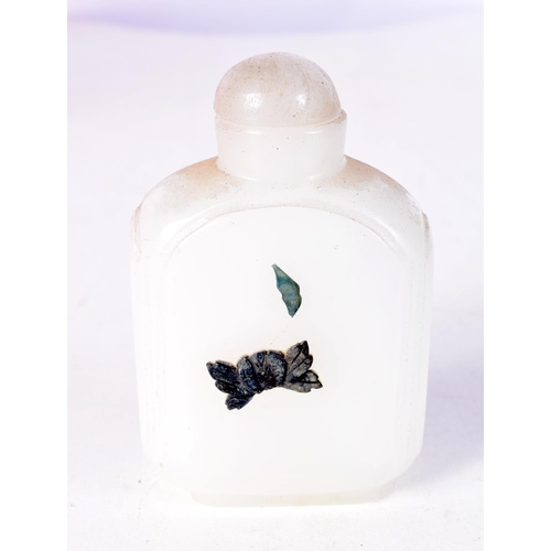 1416 - A WHITE JADE SNUFF BOTTLE WITH ENAMEL FLORAL DECORATION. 7.7cm x 4.9cm x 2.8cm