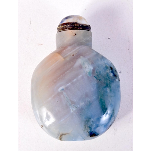 1427 - A HARD STONE SCENT BOTTLE WITH BLUE AND WHITE PORCELAIN STOPPER. 6.5cm x 4.6cm x 2.3cm