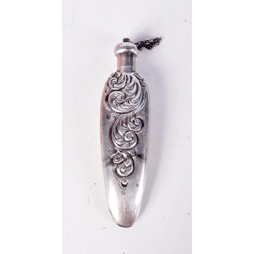 1434 - A SILVER SCENT BOTTLE WITH EMBOSSED DECORATION. Stamped Sterling, 8.6cm x 2.2cm x 1.1cm, weight 14g