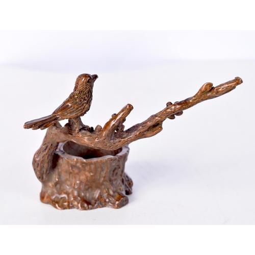 1444 - A JAPANESE BRONZE CENSER MODELLED AS A BIRD PERCHED ON A BRANCH OVER A TREE STUMP. 7.1cm x 11cm