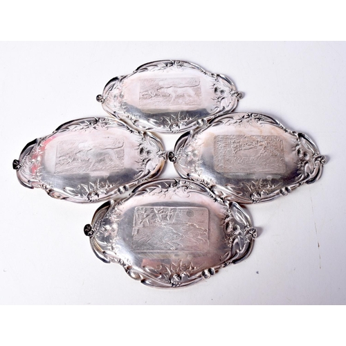 1466 - FOUR SILVER PIN DISHES ENGRAVED WITH HUNTING SCENES. Hallmarked London 1904. 12.4cm x 8.1cm x 0.6cm,... 