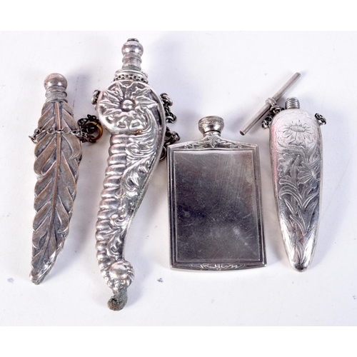 1505 - FOUR VINTAGE SCENT BOTTLES including silver. 97 grams. Largest 11.5 cm x 2.75 cm. (4)