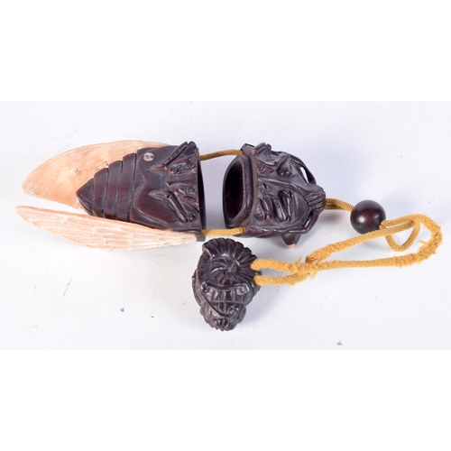 1510 - A JAPANESE CARVED WOOD AND MOTHER OF PEARL FLY INRO. 11.5 cm x 4.5 cm.