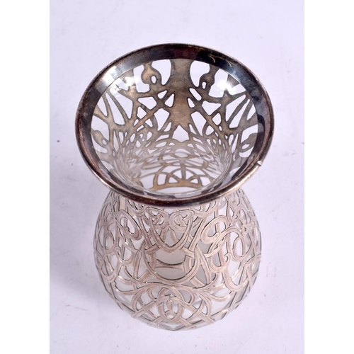 1542 - AN ART NOUVEAU SILVER OVERLAID GLASS VASE. 406 grams overall. 12.5 cm x 10 cm.