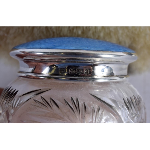 1548 - A CASED SILVER AND ENAMEL JAR with matching brush. Birmingham 1926. Silver 97 grams. Largest 19 cm x... 