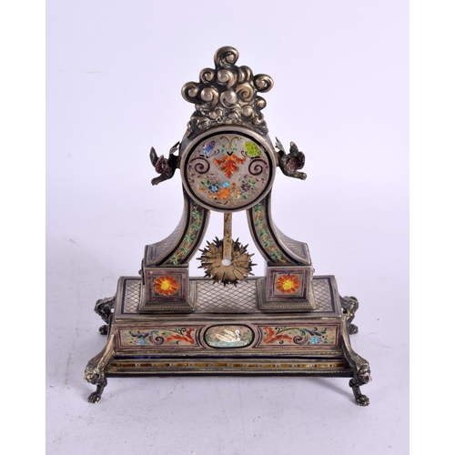 1569 - A GOOD 19TH CENTURY AUSTRIAN SILVER AND ENAMEL CLOCK decorated with garnets. 635 grams. 20.5 cm x 16... 