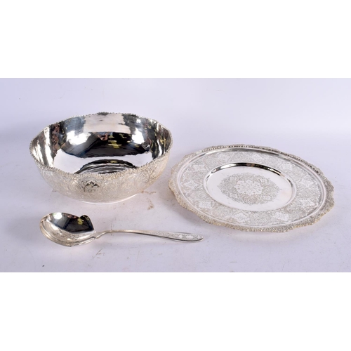 1593 - A PERSIAN SILVER BOWL with matching dish and spoon. 1176 grams. Largest 22.5 cm x 8.5 cm. (3)