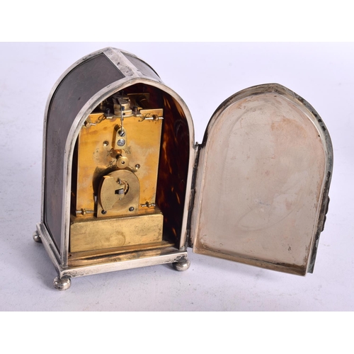 1596 - AN EDWARDIAN SILVER AND TORTOISESHELL MANTEL CLOCK. London 1912. 412 grams overall. 12 cm x 8 cm.