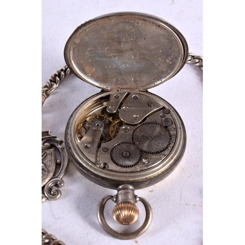 1601 - A SILVER FOB WATCH with silver chain. Birmingham 1938 & 1944. 138 grams overall. 5 cm wide.