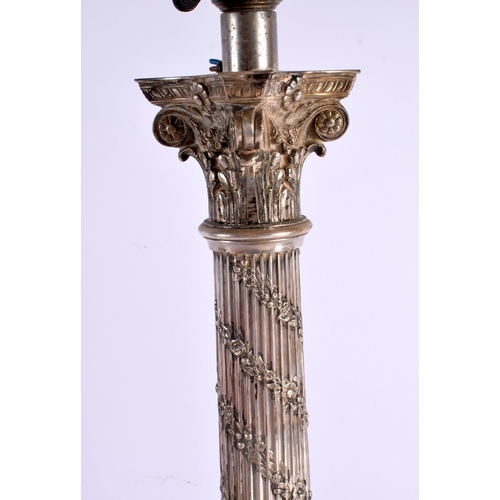 1603 - A VERY LARGE ENGLISH SILVER PLATED CANDLESTICK LAMP. 3243 grams overall 52 cm high.