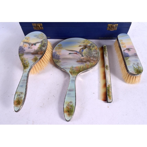 1616 - A CASED DRESSING TABLE ENAMELLED BRUSH SET. Birmingham 1948 & 1949. 665 grams overall. 26.5 cm x 14 ... 