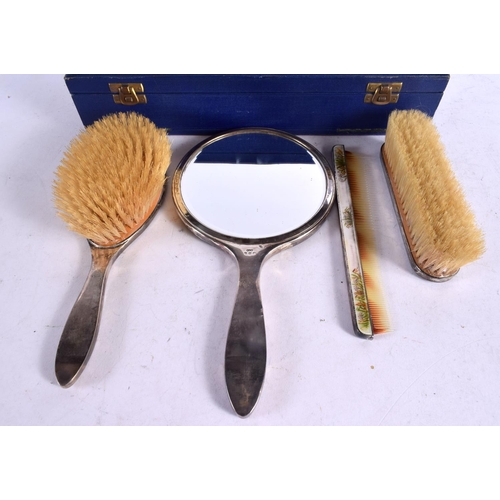 1616 - A CASED DRESSING TABLE ENAMELLED BRUSH SET. Birmingham 1948 & 1949. 665 grams overall. 26.5 cm x 14 ... 