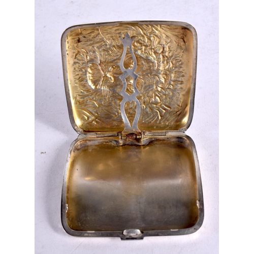 1619 - A SILVER REPOUSSE LION CIGARETTE CASE. 87 grams. 8.5 cm square.