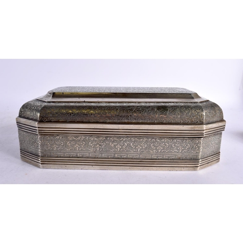 1625 - A LARGE 19TH CENTURY MIDDLE EASTERN ISLAMIC WHITE METAL TABLE BOX engraved with foliage. 2570 grams.