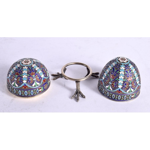 1634 - A 19TH CENTURY RUSSIAN SILVER AND ENAMEL HEART SHAPED EGG BOX AND COVER upon original stand. 133 gra... 